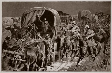 Éjszakai támadás egy búr konvoj ellen Williams ezredes vezetésével a lovas gyalogság által, egy brit tiszt rajza után.